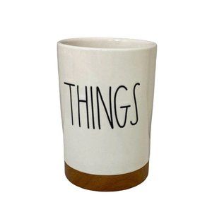 Rae Dunn Bathroom Cup "THINGS" Ceramic with Wooden Bottom NEW‎